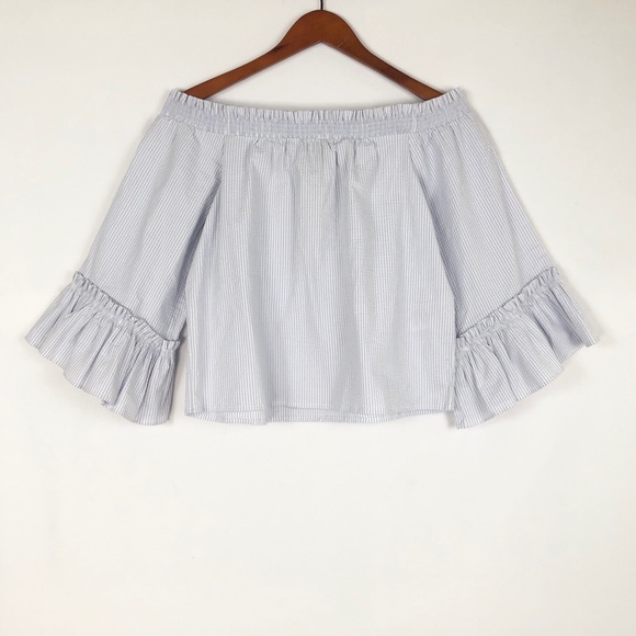 Banana Republic Tops - NEW Banana Republic Off The Shoulder Poplin Long Sleeve Ruffle Stripe Blue White